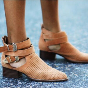 Jeffrey Campbell Everly Perforated Tan Cutout Ankle Boots with Buckle Straps 7.5